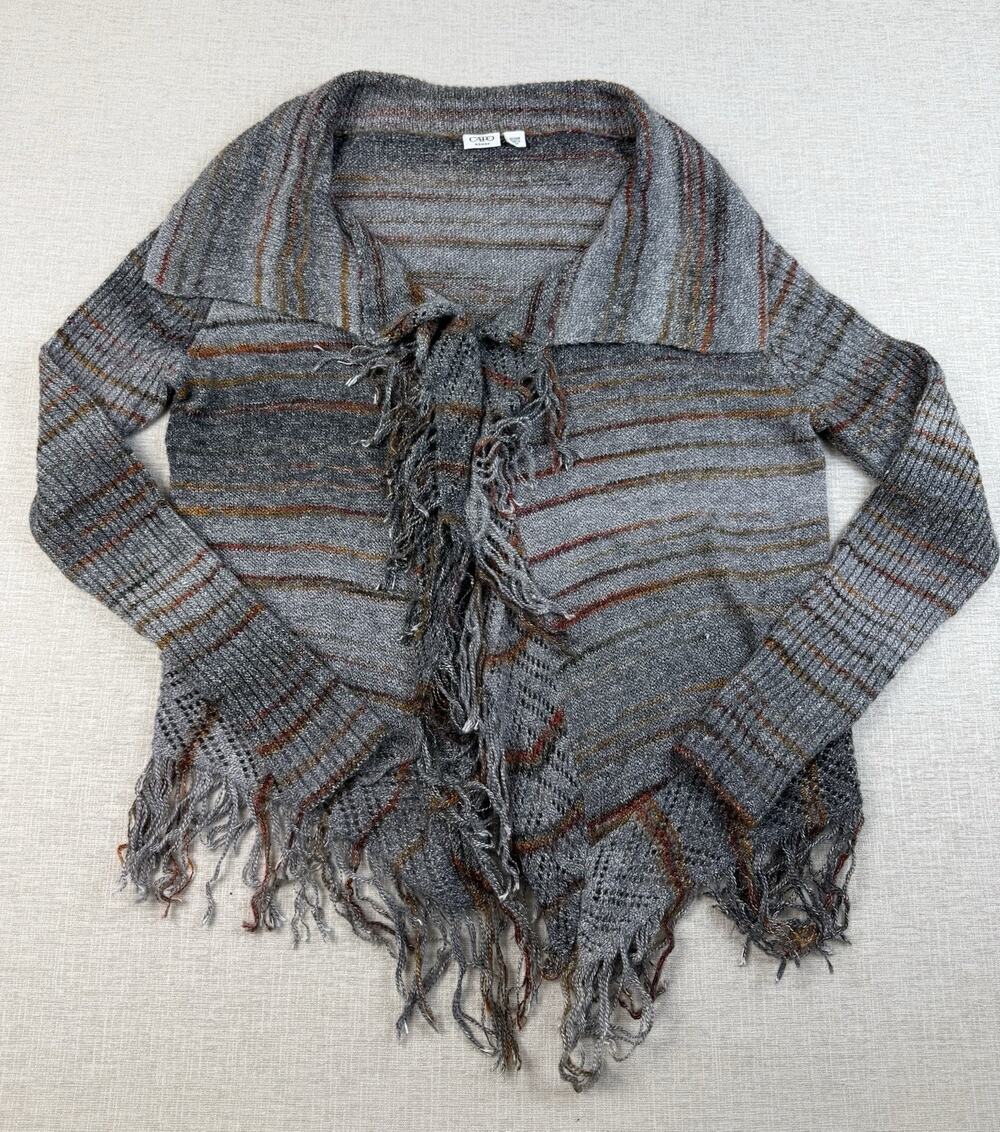 Cato Woman 22/24W Gray Striped Open Front Cardigan Sweater Fringe Ramie